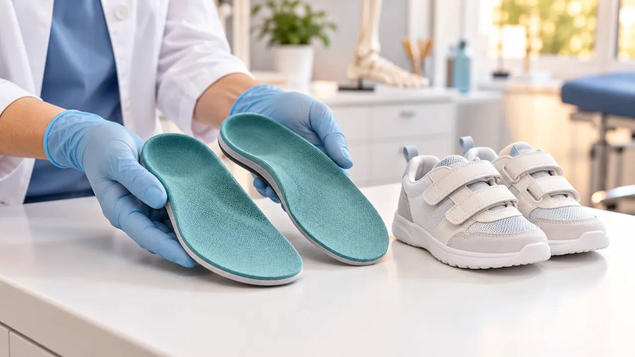 Manos con guantes sujetando un par de plantillas junto a unas zapatillas infantiles con velcro sobre una mesa de consulta